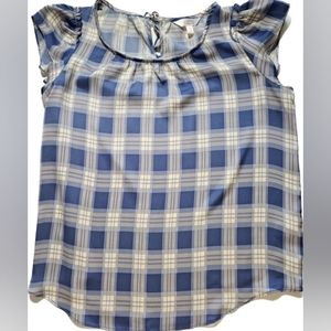 LC Lauren Conrad Blue and White Plaid Cap-Sleeve Blouse